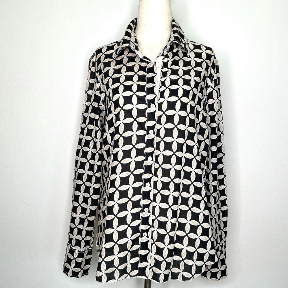 Cino Clover Print Buttoned Front Long Sleeve Top 100% Cotton Black & White Large